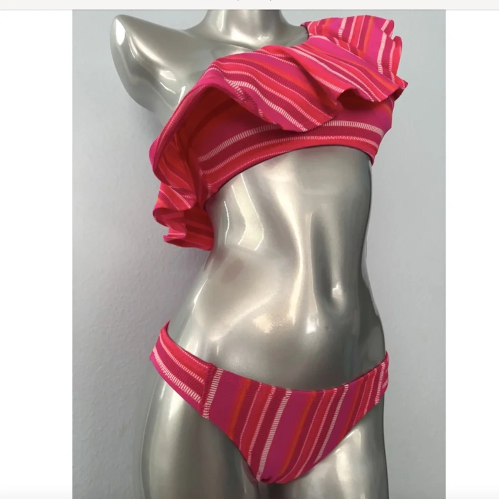 Trina Turk Pink & Orange One-Shoulder Ruffle Stripe Bikini - Picture 4 of 9